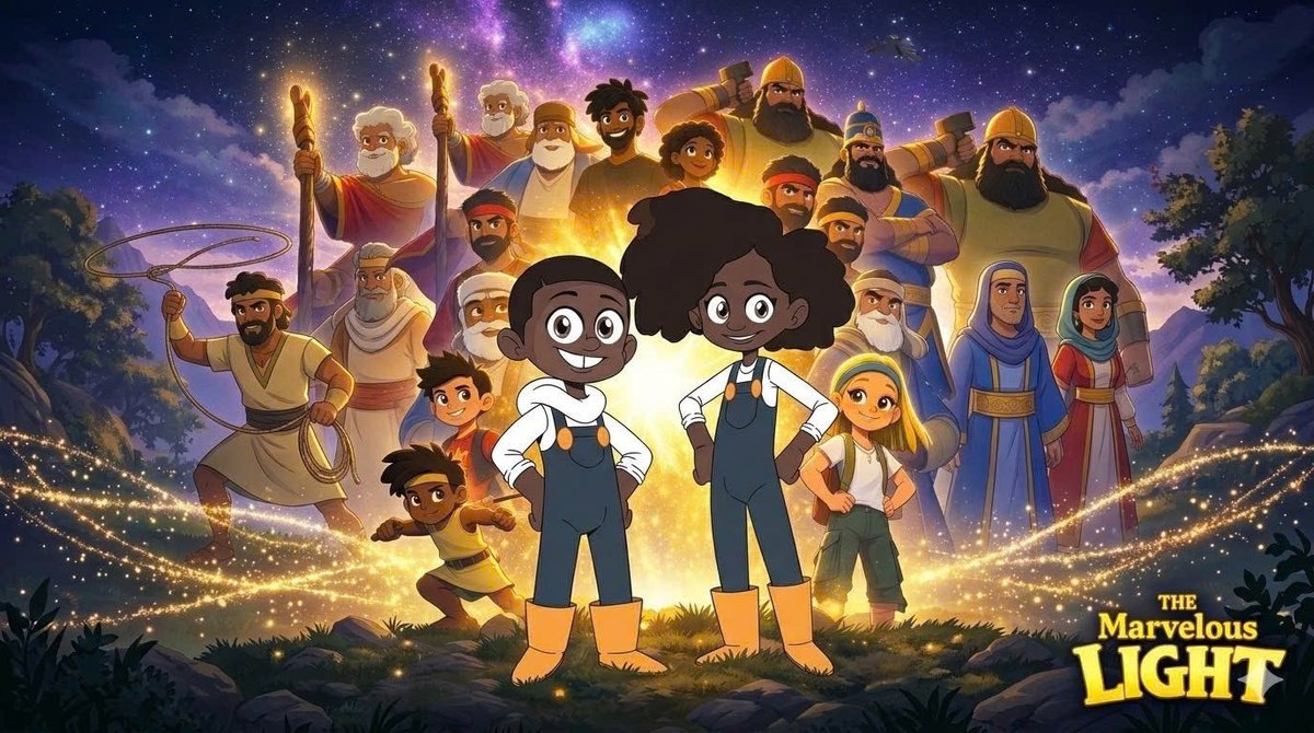 RJ, Rylee and the Bible heroes of The Marvelous Light under a starry sky