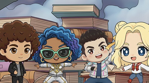 The Hip Hop Homeroom crew posing on a stack of books